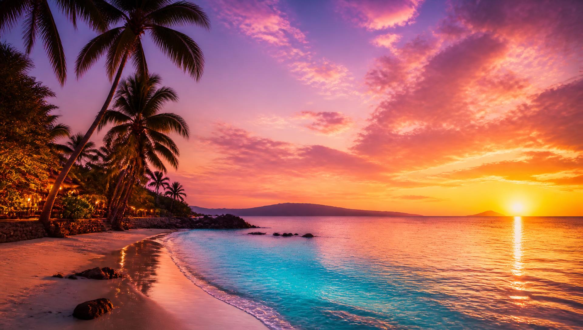 Tropical sunset beach backdrop of character ai